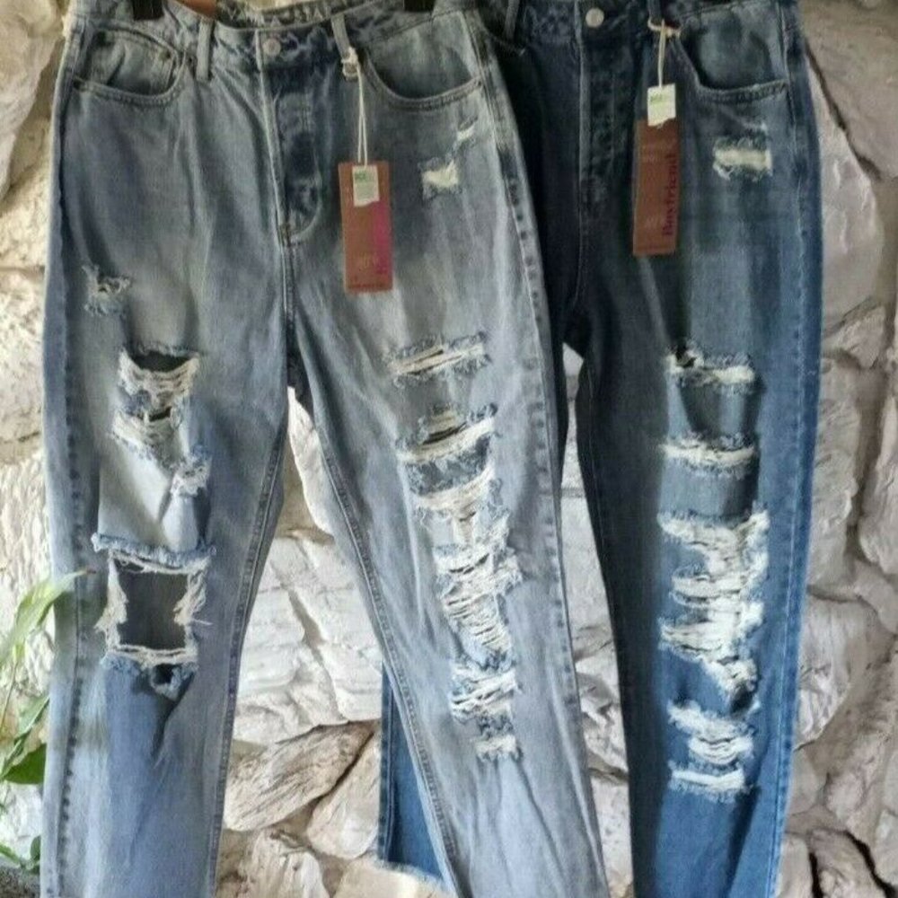2 PAIR NEW Women's Boyfriend Jeans Distressed Pants Retro Mom MULTIPLE SIZES!